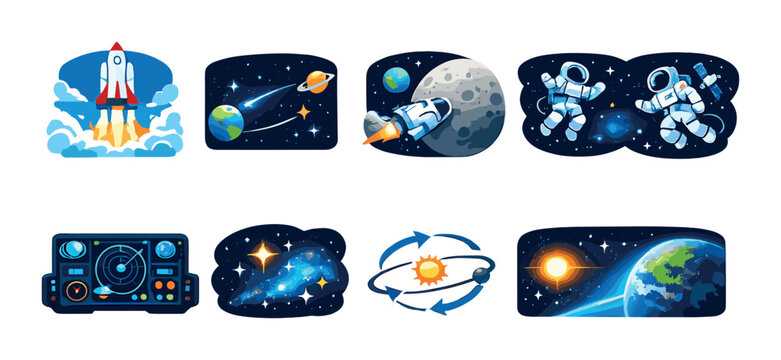 Space icons depicting rocket launch and astronauts in space
