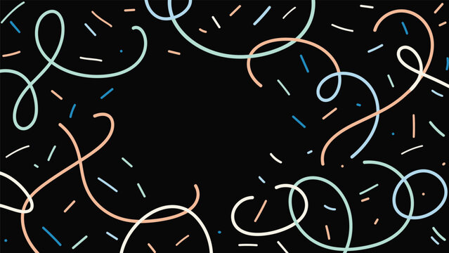 Abstract background features a dynamic display of colorful loopy lines and festive dashes on a solid black background for a modern look.