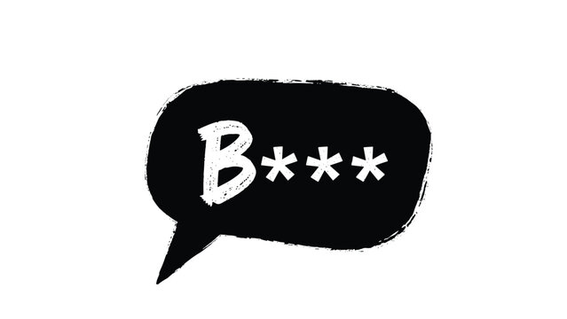 Hand drawn black speech bubble containing censored text with white asterisks and stars representing swear words on a plain white background.