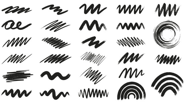 Large set of various black ink brush strokes scribbles circles and hand drawn wavy and zig zag lines isolated on a clean white background.