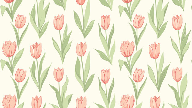 Beautiful seamless floral pattern featuring elegant pink tulips with green leaves and stems repeated on a soft light cream colored background.