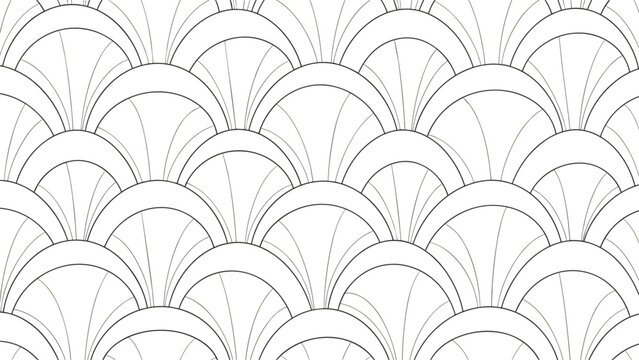 Elegant seamless pattern in black and white featuring a classic art deco style scalloped or fish scale design with dashed line details.