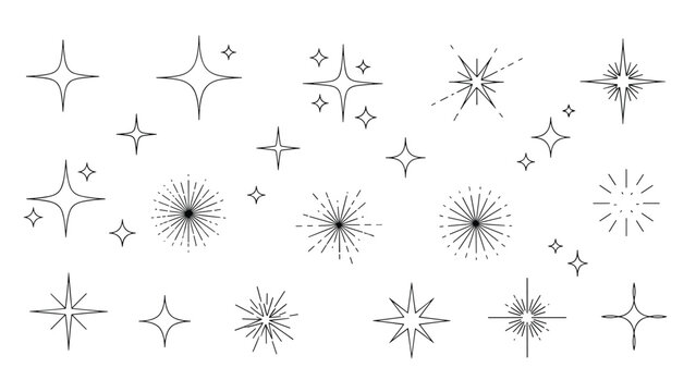 Set of hand drawn black stars, sparkles, and light bursts in various styles on a white background for magical and festive designs.