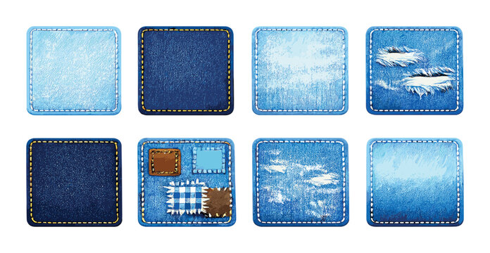 Assorted denim patches and swatches arranged on gradient background