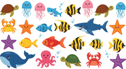 Fototapeta premium Kawaii Cartoon Ocean Animals Icon Set Including Shark, Whale, Turtle, Jellyfish, Crab, Fish, and Starfish for Websites, Apps, and Marine Life Designs