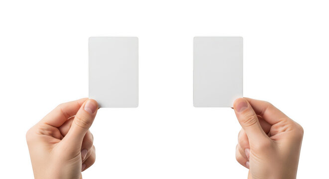 Two hands holding up blank white cards side by side isolated on transparent background,png