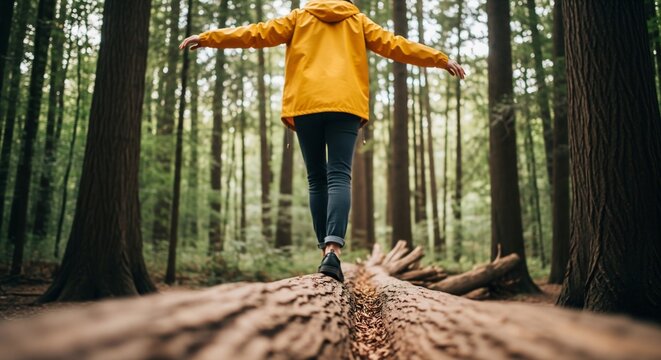 Rear view of a person in a bright yellow jacket balancing on a fallen log in a tranquil, sun-dappled forest.
