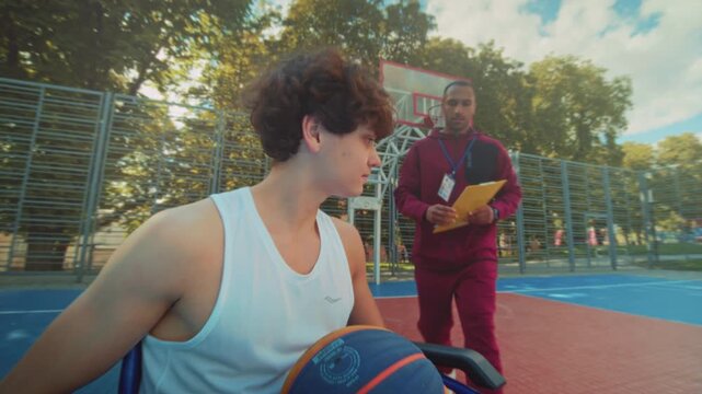 Young competitor receives guidance during practice, Aspiring athlete gets instruction on vibrant outdoor court setup
