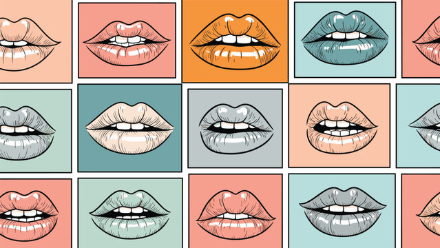 Pop art style pattern of colorful lips with teeth in various shades and boxes for vibrant and creative background.