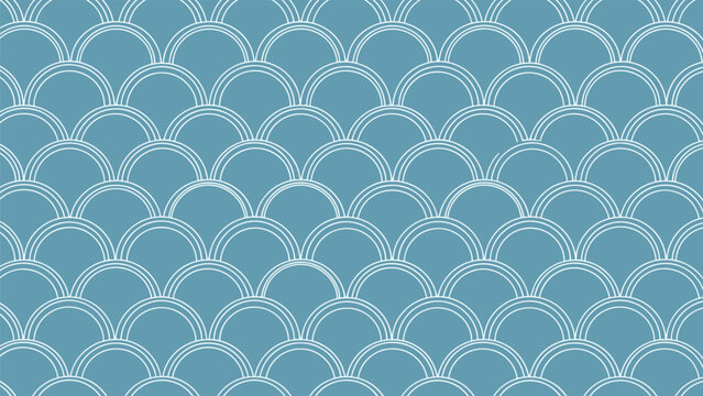 Simple geometric pattern of overlapping white semi-circles on a teal blue background for modern wallpaper design.