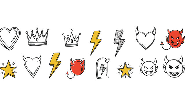 Assortment of hand drawn sketches featuring crowns stars hearts lightning bolts and devil faces with horns in black yellow and red.