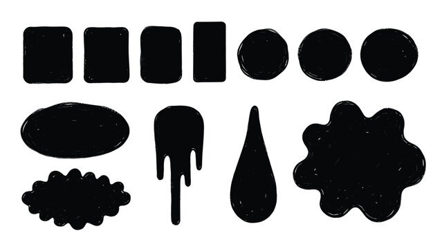Set of solid black irregular shapes including rectangles circles droplets and organic blobs isolated on a white background.