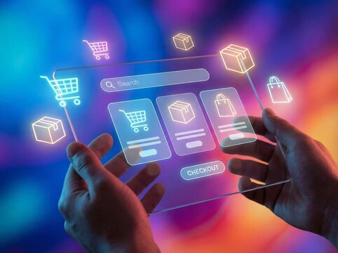 Hands holding a transparent tablet with ONLINE SHOPPING interface in a vibrant futuristic style, featuring glowing neon icons for checkout and delivery on a colorful bokeh background.