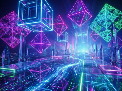 Vibrant metaverse landscape in a futuristic cyberpunk style, neon purple and cyan, featuring floating geometric cubes and pyramids on a digital grid background.