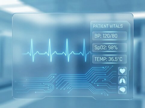 Futuristic medical interface displaying PATIENT VITALS in a clean digital style, soft cyan and white, represents advanced healthcare monitoring on a blurred hospital interior background.