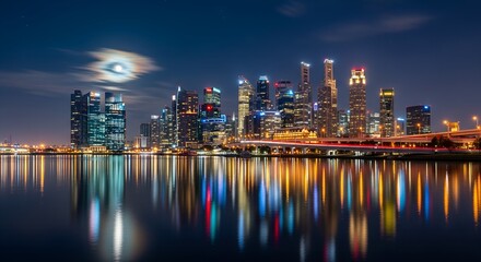 Fototapeta premium USA, US, U.S, United States - City Skyline Night Photo | Colorful Reflections on Water | Modern Skyscraper Lights Urban Landscape | Night Cityscape Wall Art Print 