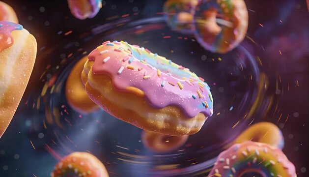 Rainbow donut pastry dessert with sweet icing, sprinkle topping, floating surreal colorful ring shape, pastel color, soft texture, rotating motion, SEO friendly scene