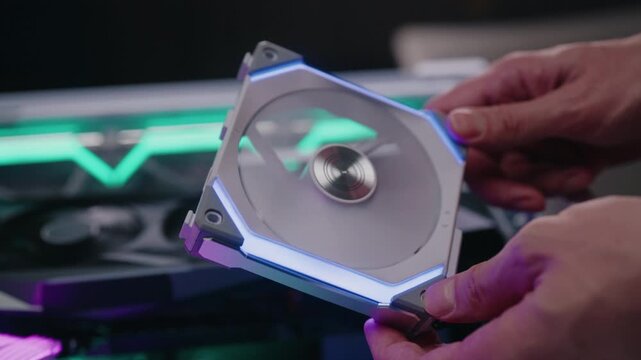 Close-up hand of engineer hands installing high performance rgb cooling fan into custom built desktop pc, enhancing airflow and system aesthetics with colorful lighting, closeup, slow motion.