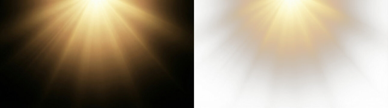 bright yellow light rays with lens flare effect on black background