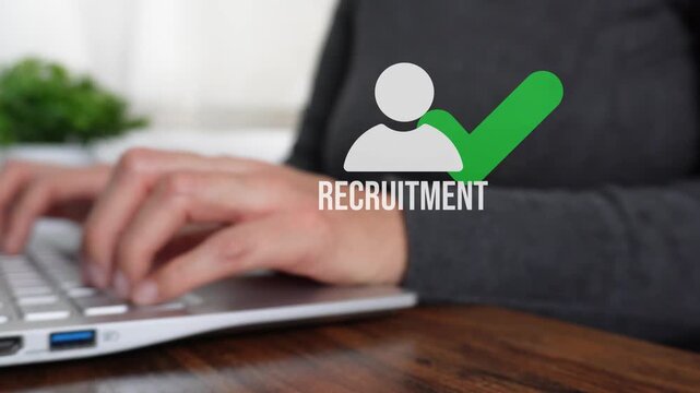 Close-up of a woman's hand working on a computer as she points to an animated icon of a person avatar, a checkmark, and the word "Recruitment." Finding the right staff