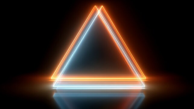 Glowing orange and blue neon triangle frame floating in a dark space with a reflective