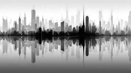Obraz premium Grayscale panoramic city skyline with buildings reflected in a calm water surface below them