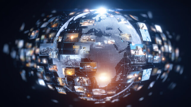 Digital globe Earth composed of connected media screens and data streams, representing global communication, information flow, technology, and worldwide digital network.