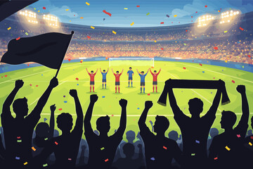 Obraz premium Cheering fans silhouette in stadium stands watching soccer players celebrate on the field with confetti and bright floodlights, simple flat vector illustration of football match victory event.