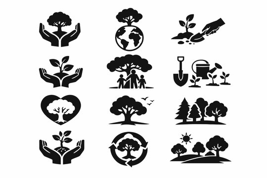 National Arbor Day Vector Icon Set for Environmental Awareness and Nature Conservation, Featuring Trees, Planting Hands, Earth, Recycling, Gardening Tools, and Forest Landscapes in Flat Design.