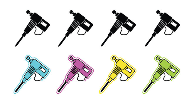 Variety of jackhammer icons in black cyan magenta and yellow