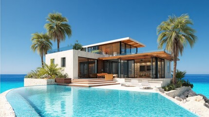 Fototapeta premium Modern luxury villa with swimming pool palm trees and tropical ocean views