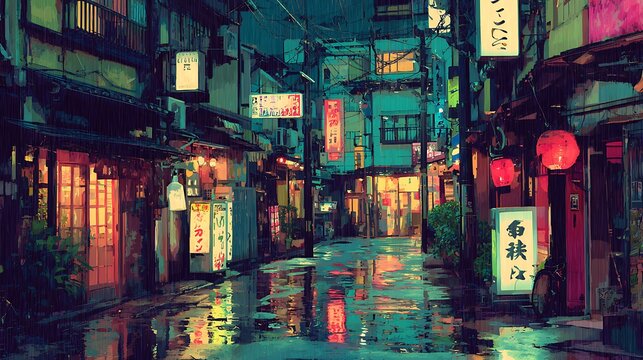 Narrow japanese street with glowing lanterns and colorful signs in a rainy night city