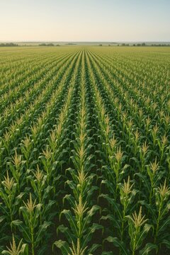 Vibrant vertical cornfield at sunrise. Rows of healthy corn plants create stunning patterns. This image captures agricultural beauty and inspires sustainable farming practices.
