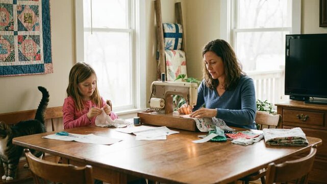 A woman teaching a girl how to sew fabric on a vintage machine at home, fostering craft skill and connection.