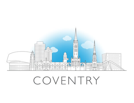 Coventry skyline, England, UK. Urban cityscape with landmarks and monuments. Hand drawn line art digital skyline illustration.