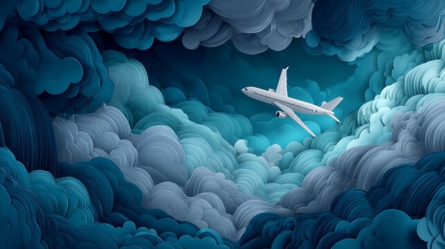 Paper craft airplane flying through deep blue and teal layered clouds with a soft textured