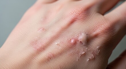 Fototapeta premium Human hand displaying severe skin irritation active blisters, redness, and peeling, characteristic of chronic eczema, contact dermatitis, or an acute allergic reaction