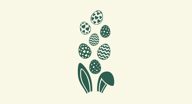 Minimalist Dark Green Easter Bunny Ears and Floating Patterned Eggs on Cream Background Silhouette