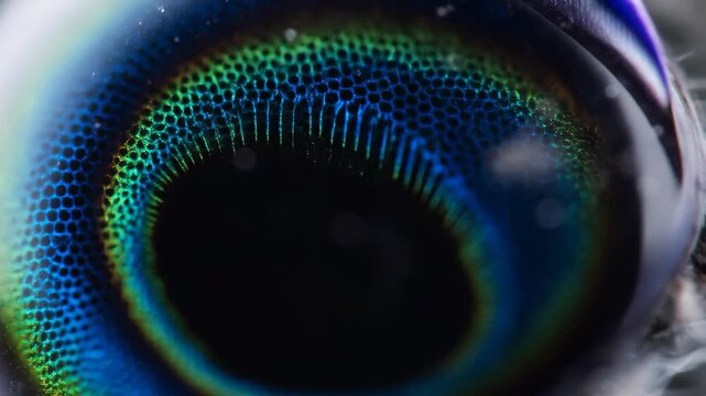 Housefly compound eye with blue and green macro photography details featuring insect, biology, zoology with entomology and vision elements for insect
