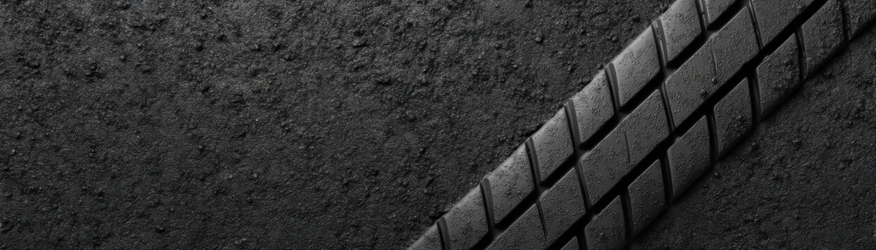 Tire tread close up on rough asphalt surface showing detailed rubber pattern and texture, emphasizing durability and grip for vehicle safety and performance