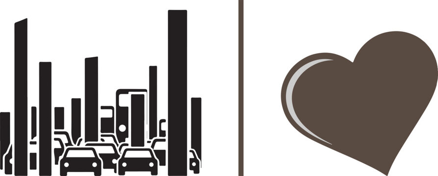 Vector graphic featuring a bustling city skyline with heavy car traffic and skyscrapers, paired with a solid brown heart icon with a glossy highlight. Urban life and city love concept.