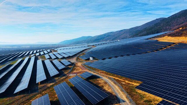 Flying over the slopes covered with modern solar panels. Beautiful mountains in the backdrop.