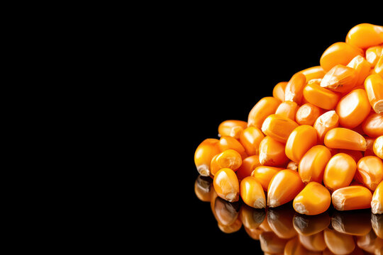 Corn kernel orange reflection close up food agriculture healthy natural organic fresh seed crop plant nutrition vitamin harvest raw texture background isolated bright shiny yellow macro detail