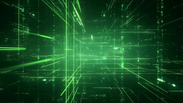 Background digital matrix with flowing green symbols and lines on black featuring tech, futuristic, grid with network and abstract elements for