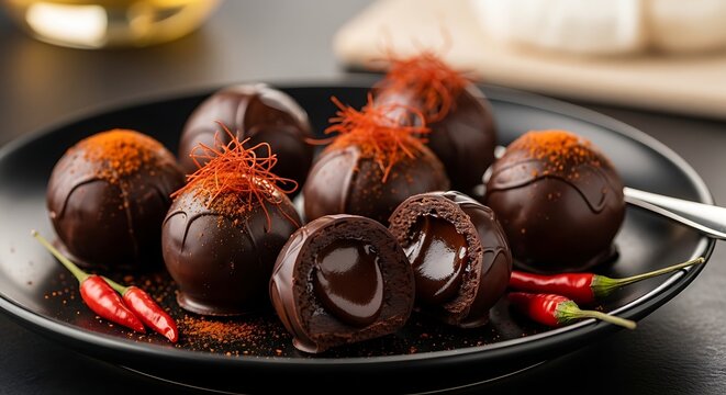 Delicious gourmet dark chocolate truffle spheres filled with spicy chili ganache presented as a creative vector design for culinary food and dessert menus