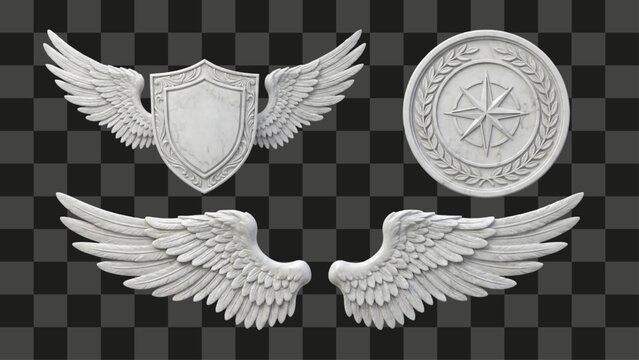 Sculpted white marble shield wings and round compass emblem isolated on transparent background