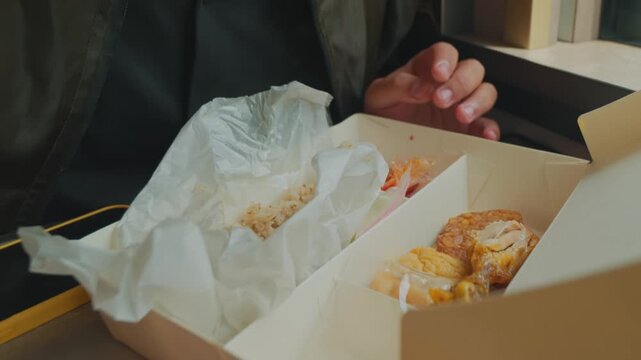 Close-up of a person eating a meal from a disposable takeout container in a dimly lit setting. The scene focuses on the remnants of food and the dining experience.