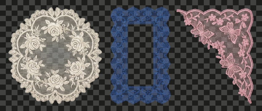 Lace doily frame and corner isolated on transparent background decorative ornamental embroidery