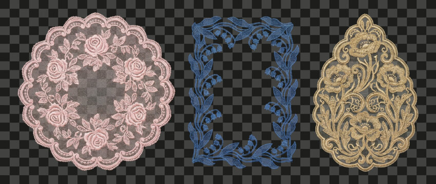 Three lace floral embroidery designs isolated on transparent background decorative elements