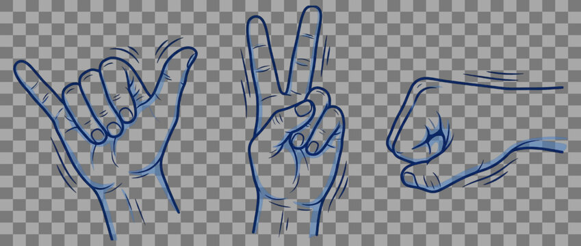 Three graphic hand gestures isolated on transparent background shaka peace pointing blue outline art